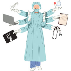 Surgeon doctor hands multitasking skill illustration