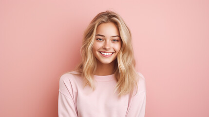 Fototapeta premium Smiling girl in white t-shirt on pink background mockup. Beautiful happy woman model looking at camera