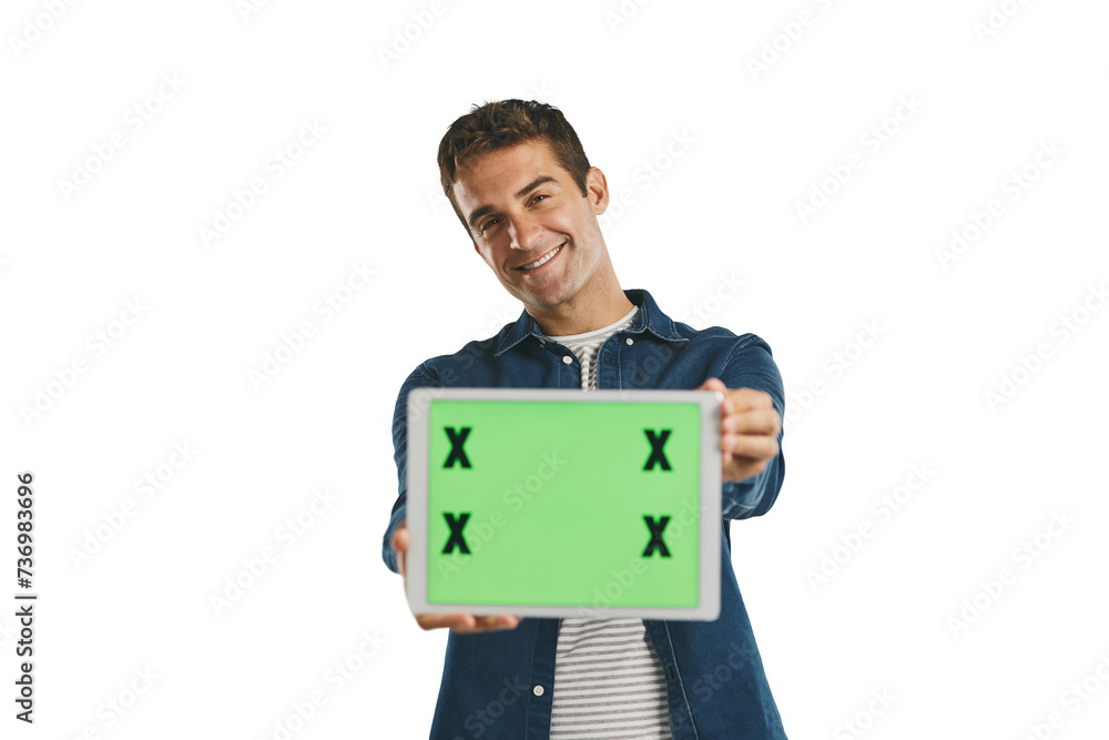 Poster portrait, tablet and man with green screen to show space isolated on a transparent png background. t
