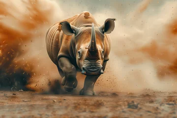 Foto op Plexiglas a rhino walking in the dirt in natural habitat © Rangga Bimantara