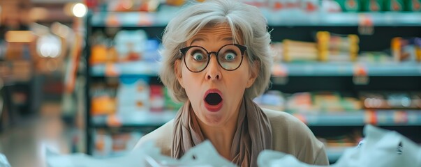 Surprised middleaged woman reacts to expensive prices at supermarket checkout. Concept Surprised Reaction, Expensive Prices, Supermarket Checkout, Middle-aged Woman - obrazy, fototapety, plakaty