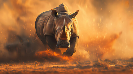 a rhino walking in the dirt in natural habitat - obrazy, fototapety, plakaty