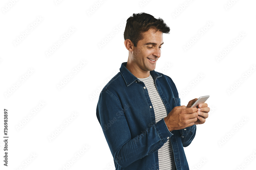 Aufkleber smile, phone and man typing on social media, internet or scroll website isolated on a transparent pn