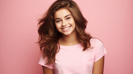 Obraz premium Smiling girl in white t-shirt on pink background mockup. Beautiful happy woman model looking at camera