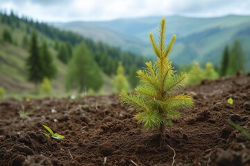 Planting new trees. planting new trees in an open area of a mountain. conifer trees - obrazy, fototapety, plakaty