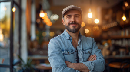 Confident male entrepreneur standing with crossed arms in his cozy cafe, adorned with warm lighting
