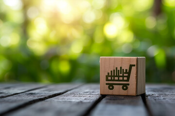 Shopping cart icon on wooden cube block, online shopping concept 