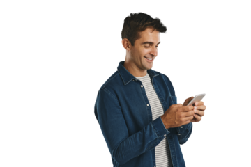 Smile, phone and man typing on social media, internet or scroll website isolated on a transparent png background. Smartphone, mobile and happy person on app, technology and reading email notification