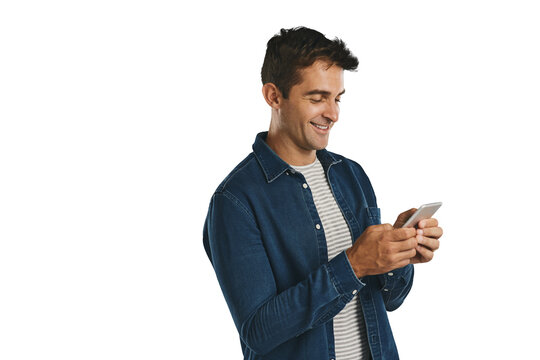 Smile, phone and man typing on social media, internet or scroll website isolated on a transparent png background. Smartphone, mobile and happy person on app, technology and reading email notification