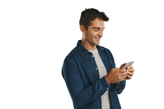 Smile, phone and man typing on social media, internet or scroll website isolated on a transparent png background. Smartphone, mobile and happy person on app, technology and reading email notification