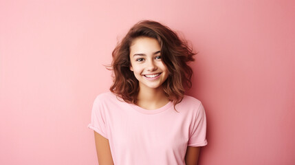 Obraz premium Smiling girl in white t-shirt on pink background mockup. Beautiful happy woman model looking at camera