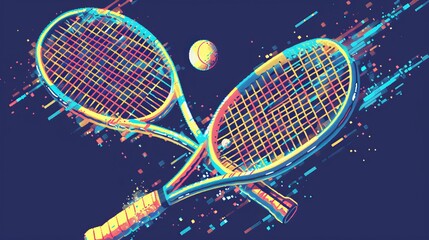 Clip art graphic of two tennis rackets and a tennis ball in miniature core style