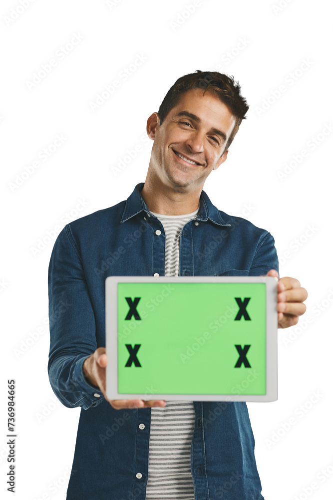 Poster portrait, tablet and happy man with green screen to show space isolated on a transparent png backgro