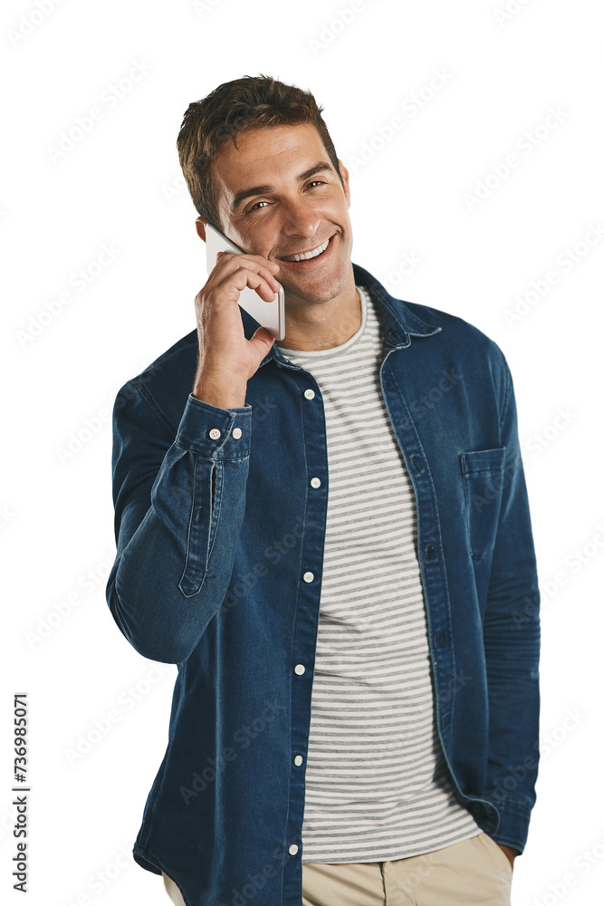 Poster Man, portrait and smile with smartphone, call and message for communication and connection. Model, technology and happiness for social media and contact isolated on a transparent, png background