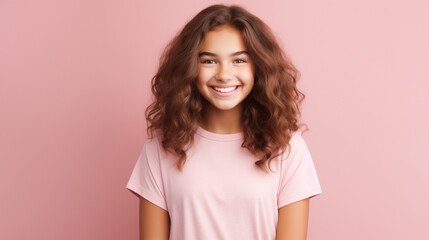 Fototapeta premium Smiling girl in white t-shirt on pink background mockup. Beautiful happy woman model looking at camera