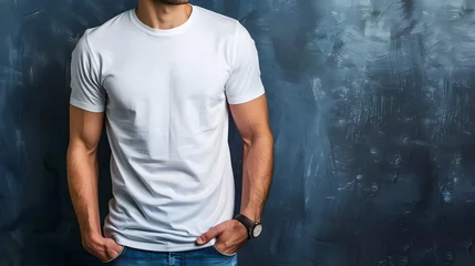 Fotobehang Men's White Short Sleeve Round Neck T-Shirt Mockup It is a useful tool for clothing designers to help visualize T-shirts before actual production Save time and money and makes it easier to decide. © Chanawat