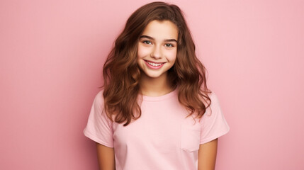 Obraz premium Smiling girl in white t-shirt on pink background mockup. Beautiful happy woman model looking at camera