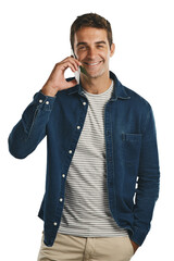 Portrait, phone or man on happy call for communication of good news, contact and planning. Male person, big smile and talking on smartphone while standing isolated on transparent png background