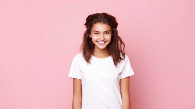 Smiling girl in white t-shirt on pink background mockup. Beautiful happy woman model looking at camera