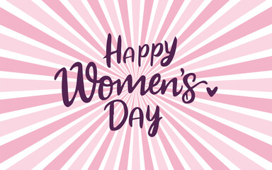 International Women's Day poster template, typography “happy women’s day”, pink and white sunburst background