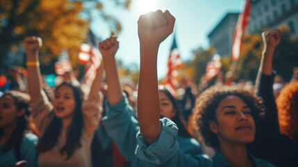 Group of diverse protesters with raised fists in a demonstration.