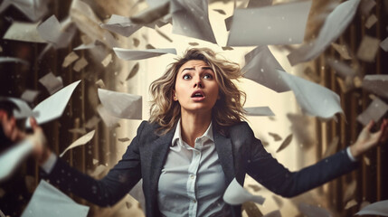 Surprised businesswoman with papers flying around her in chaos.