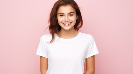 Fototapeta premium Smiling girl in white t-shirt on pink background mockup. Beautiful happy woman model looking at camera