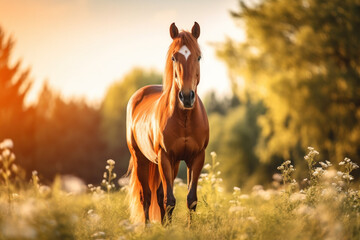 Brown Horse Standing on Lush Green Field