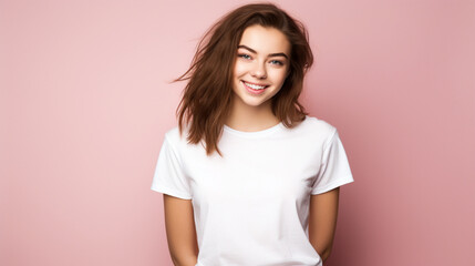 Fototapeta premium Smiling girl in white t-shirt on pink background mockup. Beautiful happy woman model looking at camera