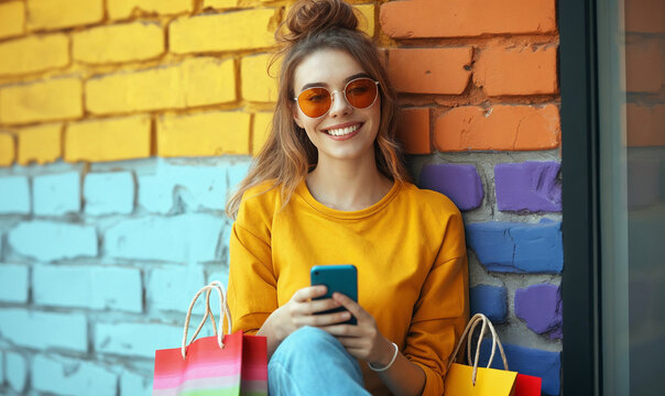 Cheerful Young Woman With Shopping Bags Using Her Phone, Sitting Against A Colorful Wall.