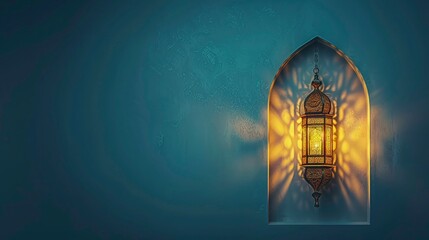 Islamic design greeting card background mosque window with lantern. eid al fitr background - obrazy, fototapety, plakaty