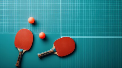 Naklejka premium Orange ball for table tennis and two wooden rackets of red and black color on a blue table with a grid, top view