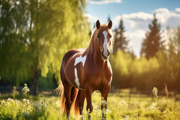 Fototapeta premium Brown and White Horse in a Field