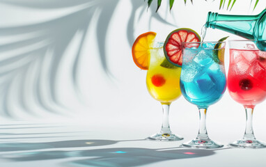 Colourful refreshing summer drinks with ice and fruit, bottle pouring liquid, white background with palm leaf shadow, copy space.