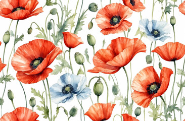 whimsical, watercolor floral background, poppies, isolated, on a clear white background, perfect composition, high detail, illustration