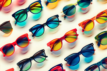 Colourful vintage sunglasses with polarised glass. Summer season pattern, holiday and relax.