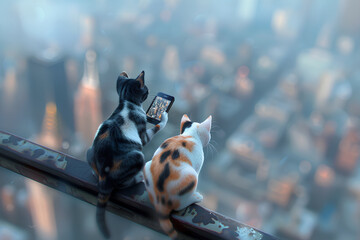 Fototapeta na wymiar 二匹の猫とスマホと都会の風景（3D） 