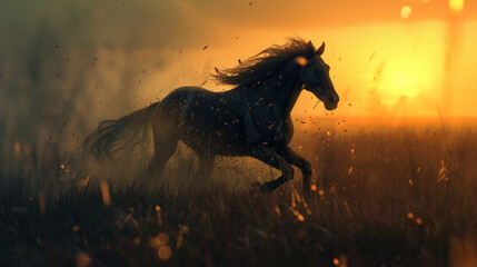 Majestic Horse Running Through Field at Sunset