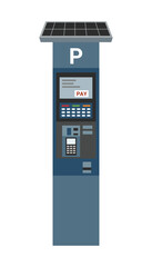 Self-pay parking meter with solar panel on top isolated on white background. Technology concept. Contactless payment concept. Payment for parking.
