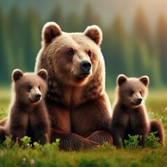A mother brown bear, scientifically known as Ursus arctos, is seen on a lush green meadow accompanied by her two cubs. This wide panoramic image captures the wild mammal and her adorable offspring.