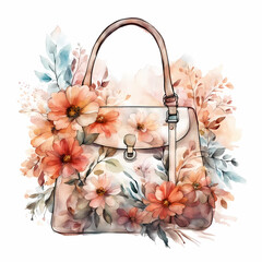 Illustration depicting a fashionable womens bag framed by flowers on a white background. Watercolor stains, delicate pastel colors. The pattern is ideal for cards, posters, phone wallpapers, greetings