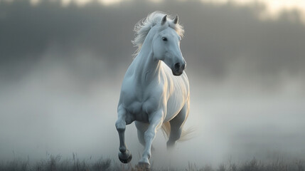 Obraz na płótnie Canvas White Horse Running Through Foggy Field