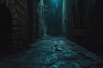 Midnight road or alley in a very old town. abandoned old area of town with stone or brick buildings. no street lights - obrazy, fototapety, plakaty