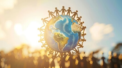 Silhouette of a Globe with People Holding Hands Around It: A globe surrounded by silhouettes of people holding hands in a circle, representing global unity and cooperation for equality.

