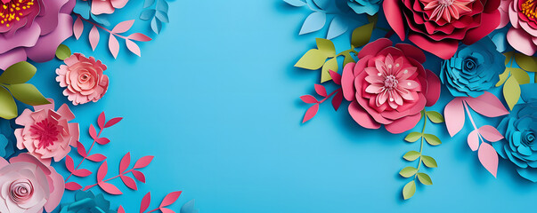 Colorful handmade paper flowers with leaves and branches on a blue background, offering a vibrant and flat light turquoise composition with copy space.