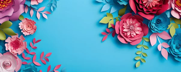 Foto op Plexiglas Colorful handmade paper flowers with leaves and branches on a blue background, offering a vibrant and flat light turquoise composition with copy space. © jex