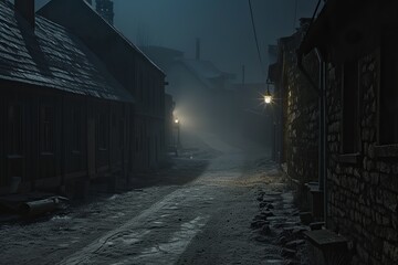 Midnight road or alley in a very old town. abandoned old area of town with stone or brick...