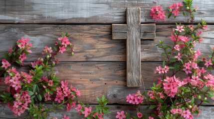 Fototapeta na wymiar Wooden Wall Cross With Pink Flowers