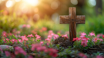 Wooden Cross on Lush Green Field