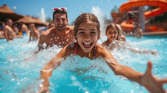 Family with chuildren at the swimming pool jumping in water